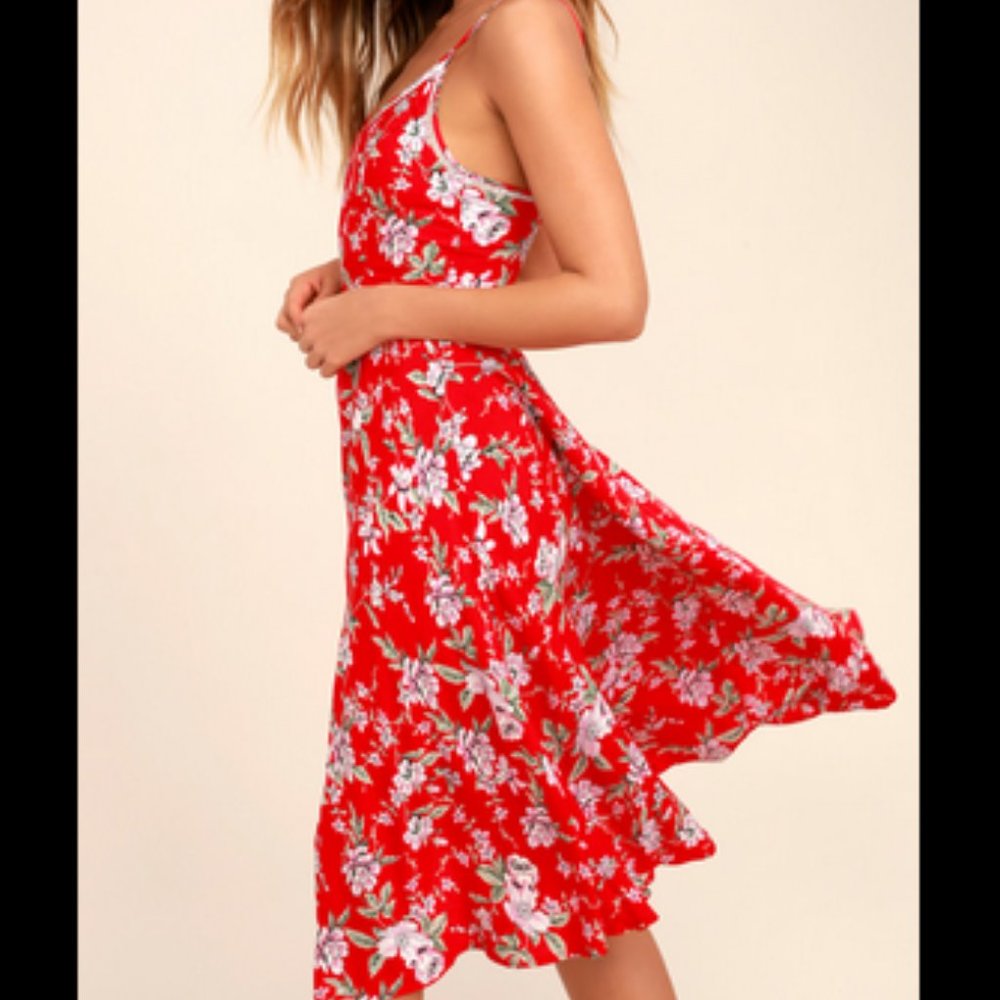 Lulu's Esperanza Red Floral Print Midi Dress Size Medium